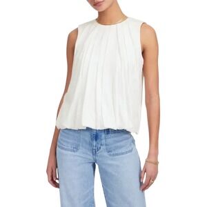 Madewell White Pleated Bubble Hem Top XS Crew Neck Keyhole Back NWT $52